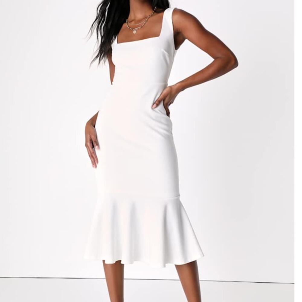 Lulus NWOT Moment Maker White Square Neck Trumpet Midi Wedding Dress Large